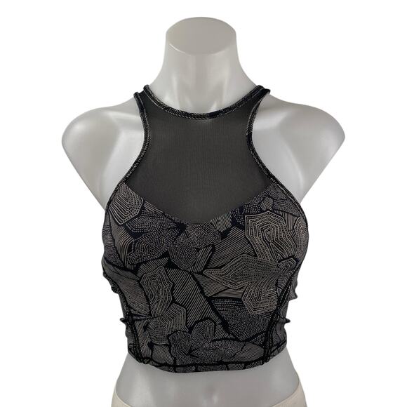 Lululemon Get It Om Black Gray Mesh Geometric Yoga Workout Athletic Crop Top 4 - Picture 1 of 4